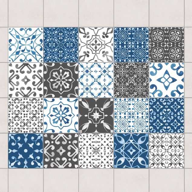 Adesivi per piastrelle con disegni Motivo acquerello Mix grigio blu