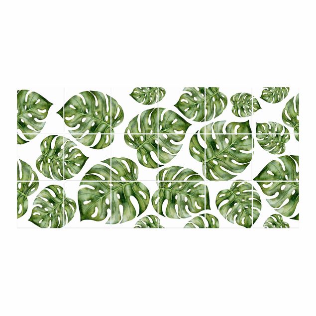 Adesivo per piastrelle - Watercolor Monstera Leaves - Orizzontale