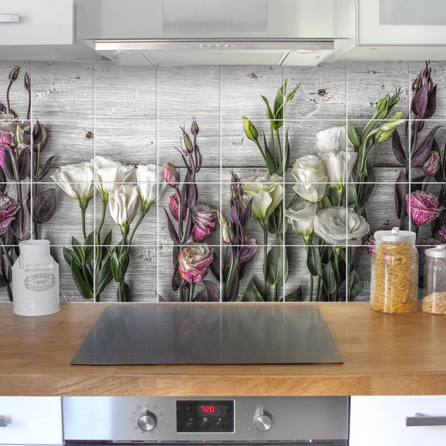 Adesivi per piastrelle con fiori Tulipano Rosa su Legno Shabby