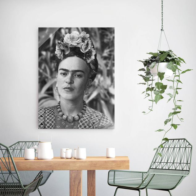 Quadri in vetro in bianco e nero Ritratto fotografico di Frida Kahlo con corona di fiori