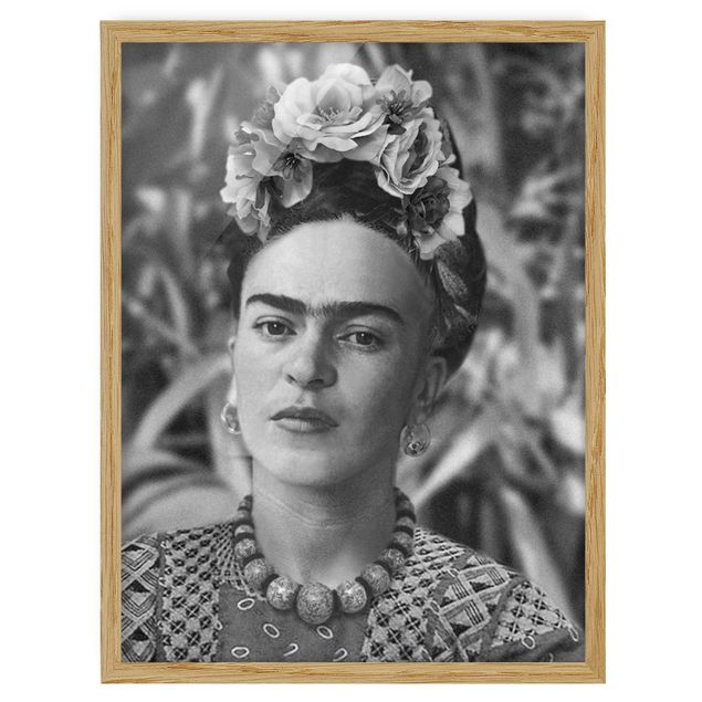 Quadri bianco e nero Ritratto fotografico di Frida Kahlo con corona di fiori