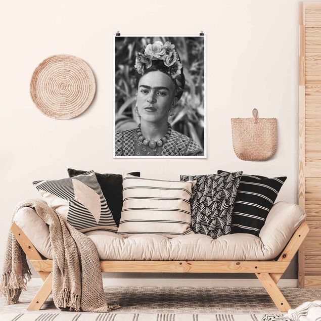 Quadri bianco e nero Ritratto fotografico di Frida Kahlo con corona di fiori
