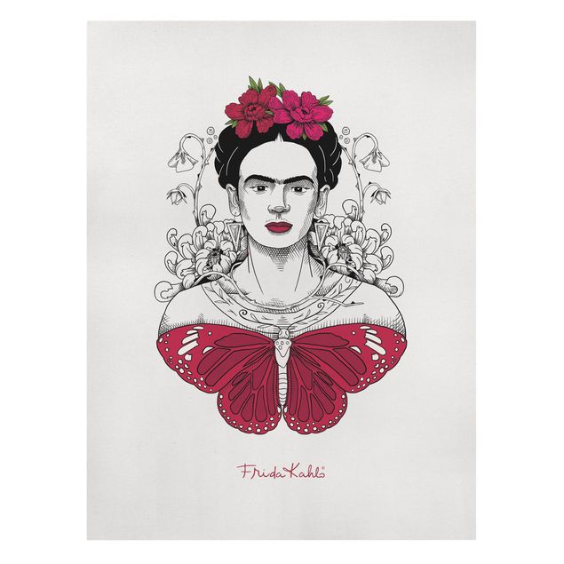 Riproduzione quadri famosi Ritratto di Frida Kahlo con fiori e farfalla