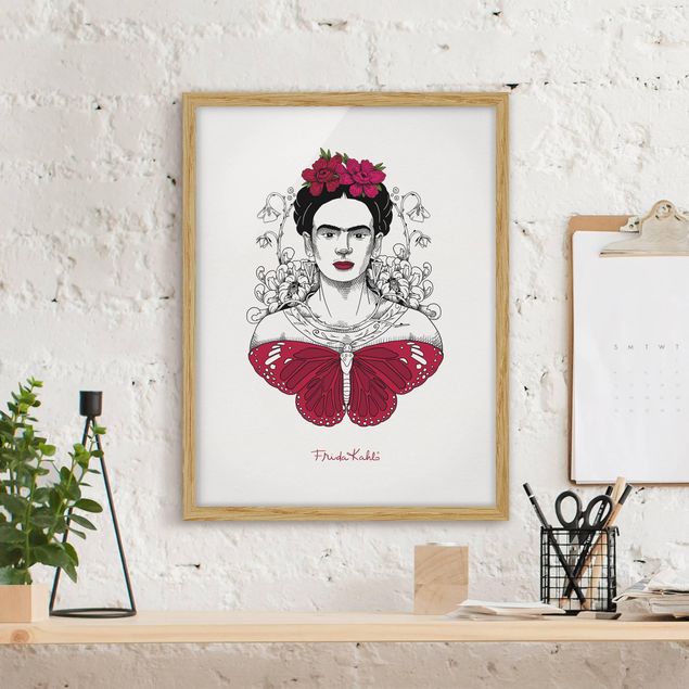 Riproduzioni quadri famosi Ritratto di Frida Kahlo con fiori e farfalla