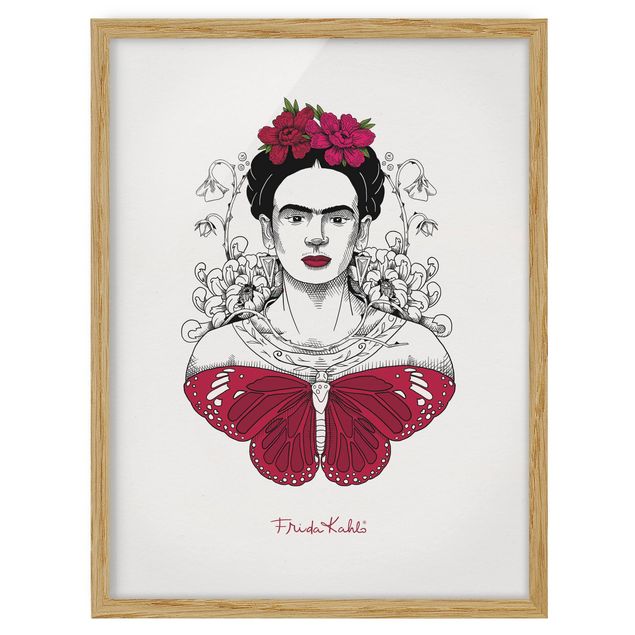 Quadri con cornice riproduzioni Ritratto di Frida Kahlo con fiori e farfalla