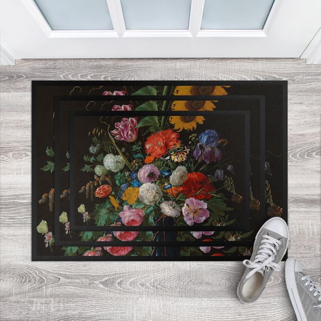 Correnti artistiche Jan Davidsz de Heem - Tulipani, un girasole, un'iris e altri fiori in un vaso di vetro sulla base di marmo di una colonna