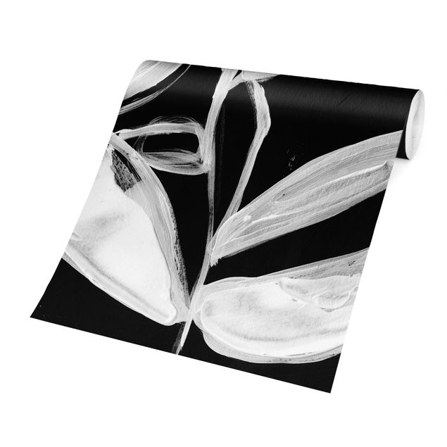 Carta da parati bianco nero Foglie dipinte su nero
