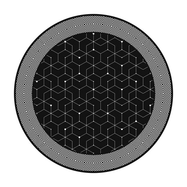 tappeto rotondo Piastrelle geometriche linee tratteggiate nero con bordo