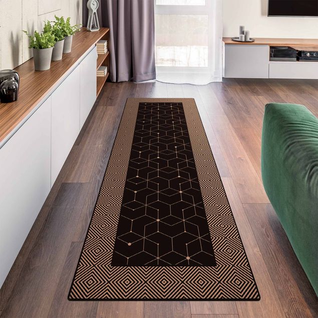 tappeto moderno Piastrelle geometriche linee tratteggiate nero con bordo
