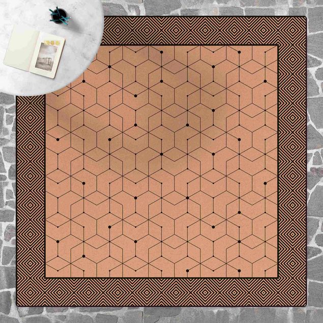 tappeto design moderno Piastrelle geometriche linee tratteggiate bianco e nero con bordo