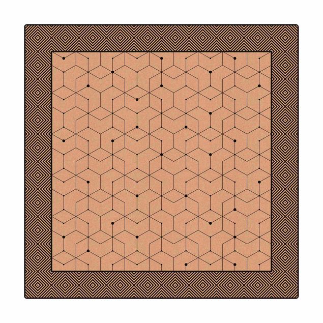 Tappetino di sughero - Piastrelle geometriche linee puntate bianco e nero con bordi - Quadrato 1:1