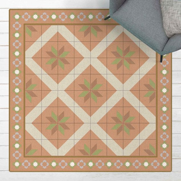tappeto design moderno Piastrelle geometriche a rombi fiore verde oliva con bordo