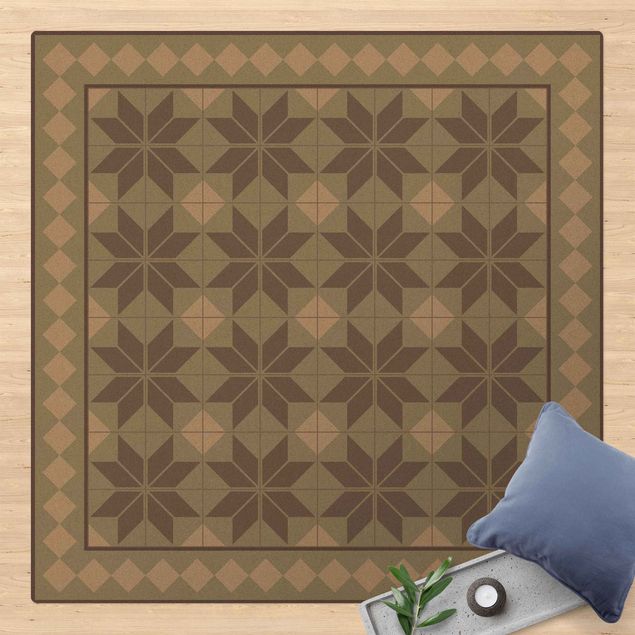 tappeto design moderno Piastrelle geometriche Fiore stella verde menta con bordo