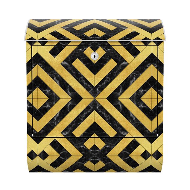 Cassette della posta nere Mix di piastrelle geometriche Art Déco Oro Marmo Nero