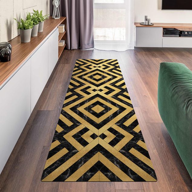 tappeto moderno Mix di piastrelle geometriche Art Déco Oro Marmo Nero