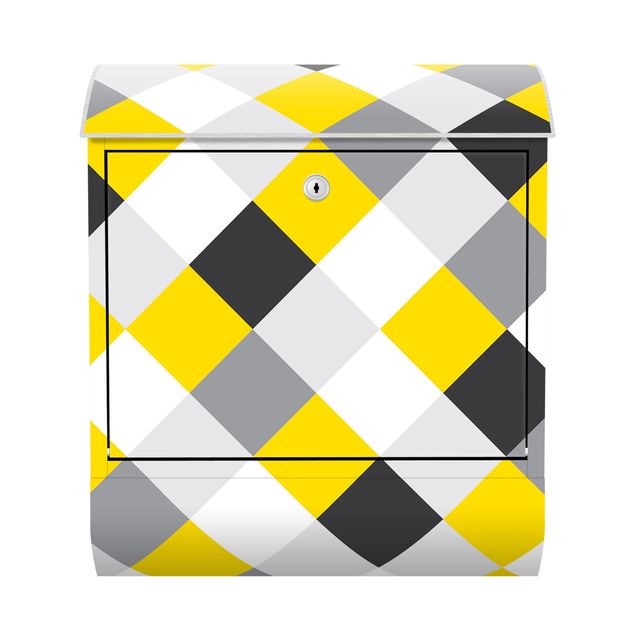 Cassette della posta grigie Motivo geometrico scacchiera ruotata giallo