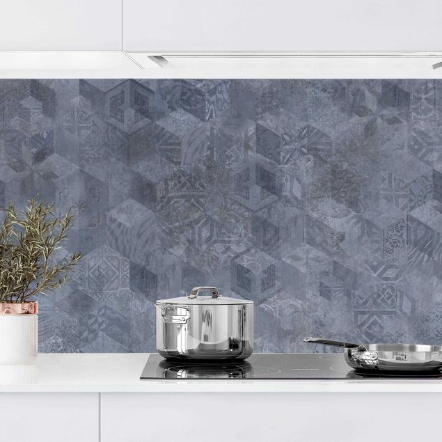 Rivestimenti cucina piastrelle Motivo geometrico vintage con ornamenti blu