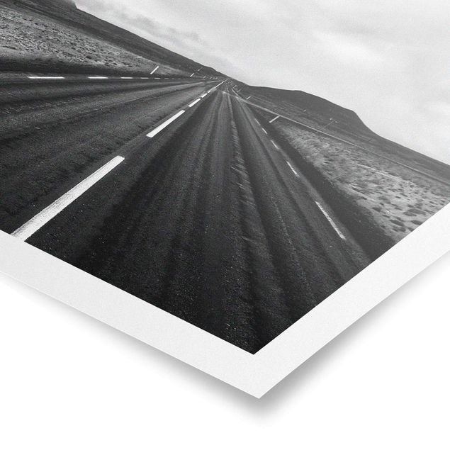 Poster bianco e nero Strada dritta in Islanda