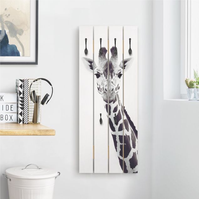 Appendiabiti a muro shabby Ritratto di giraffa in bianco e nero