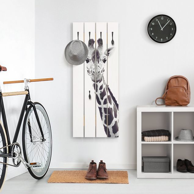 Appendiabiti pannello effetto legno Ritratto di giraffa in bianco e nero
