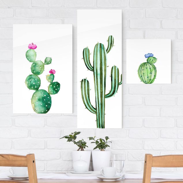 Quadri in vetro con fiori Set di cactus ad acquerello