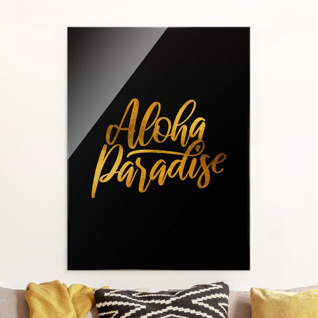 Quadri in vetro con frasi Oro - Paradiso Aloha su nero