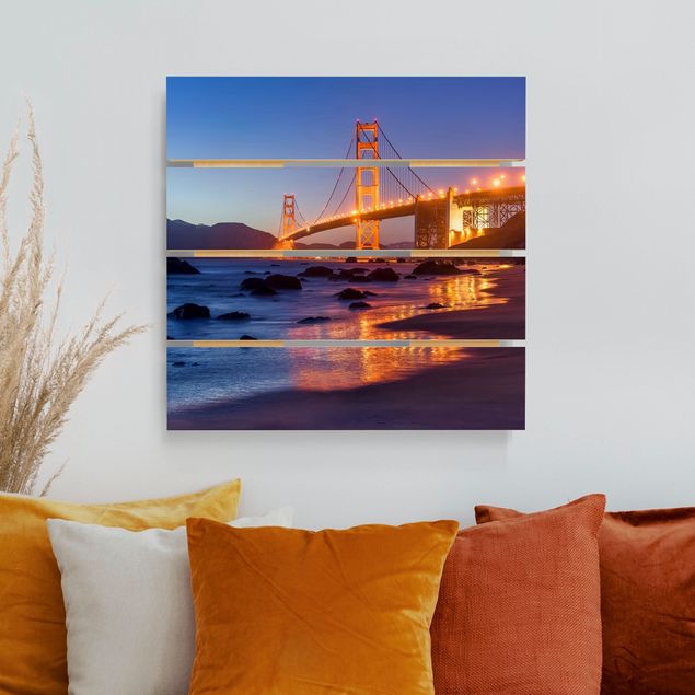 Quadri in legno con architettura e skylines Ponte del Golden Gate al tramonto
