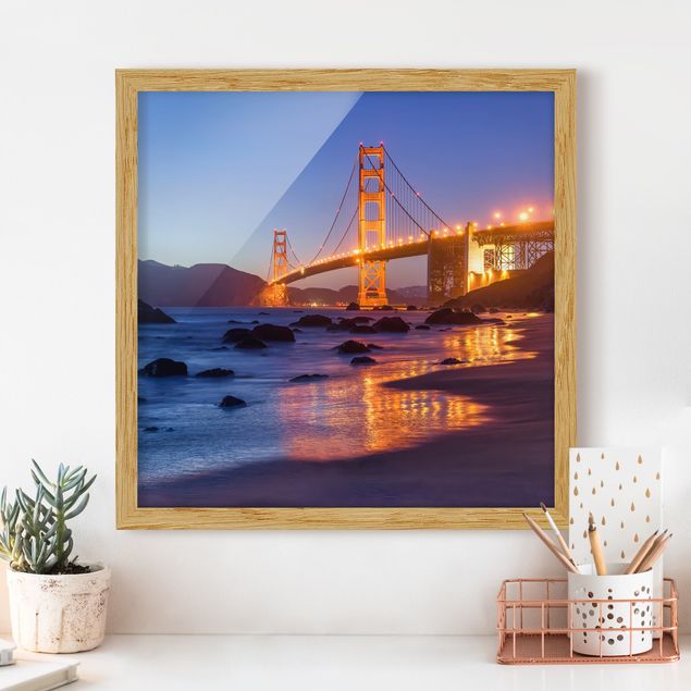 Quadri con cornice architettura e skylines  Ponte del Golden Gate al tramonto