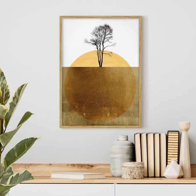 Quadri con cornice con paesaggio Sole d'oro con albero