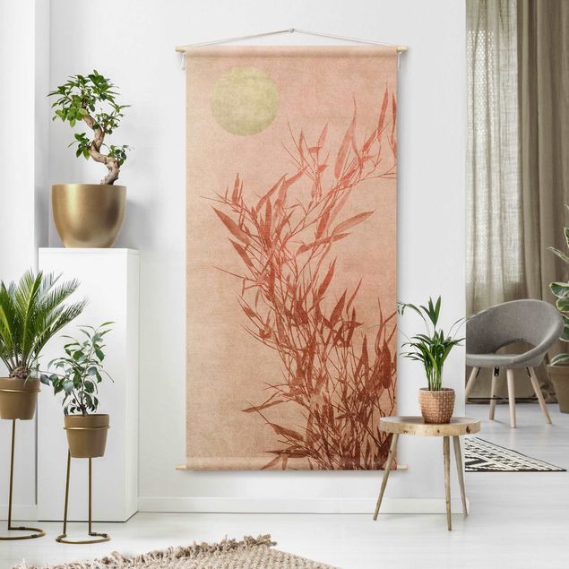 arazzi moderni da parete Sole dorato con bambù rosa