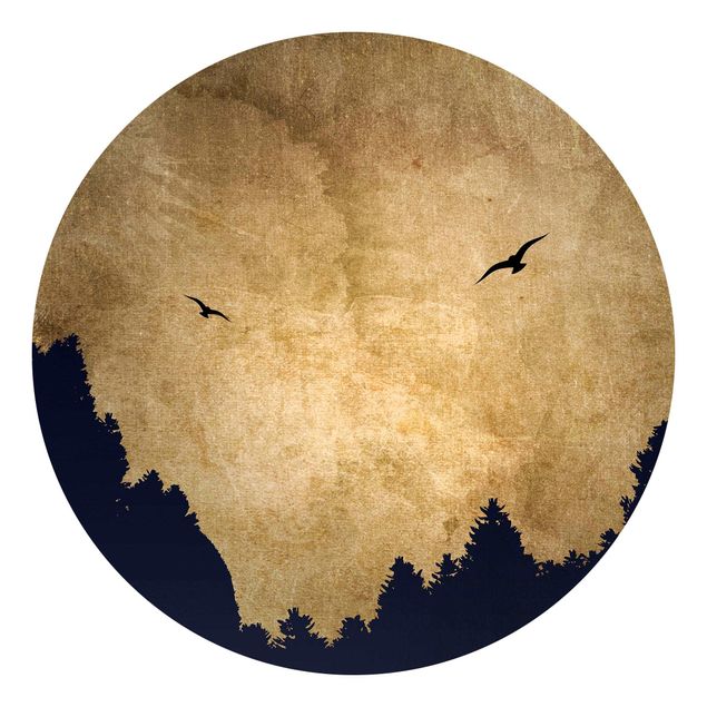 Carta da parati con uccelli Luna d'oro nella foresta