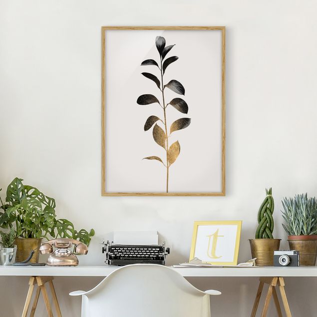 Quadri con cornice in bianco e nero Mondo grafico delle piante - Oro e grigio