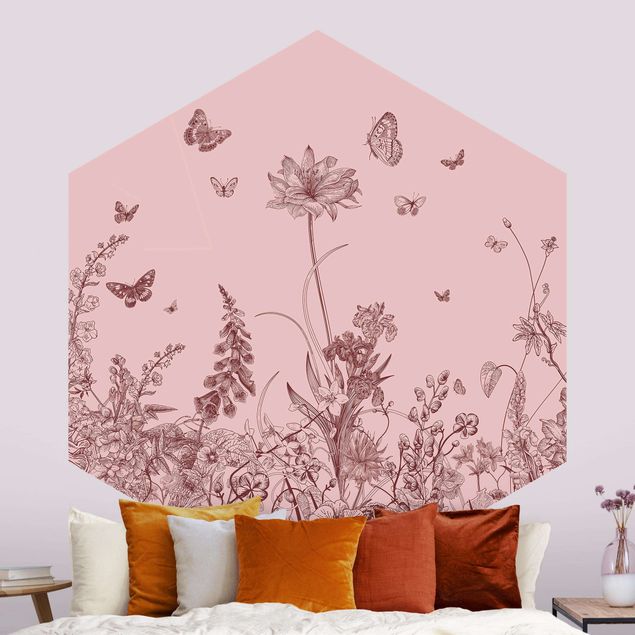 Carte da parati con farfalle Fiori grandi con farfalle in rosa