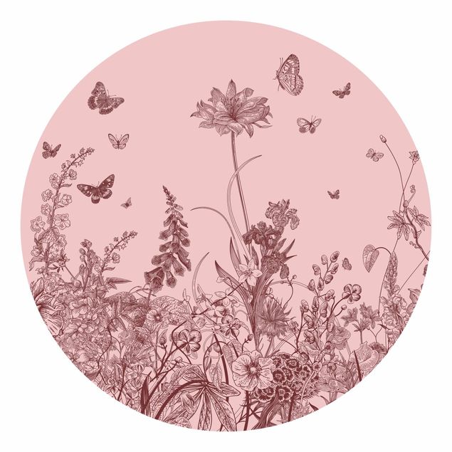 Carta da parati moderne Fiori grandi con farfalle in rosa