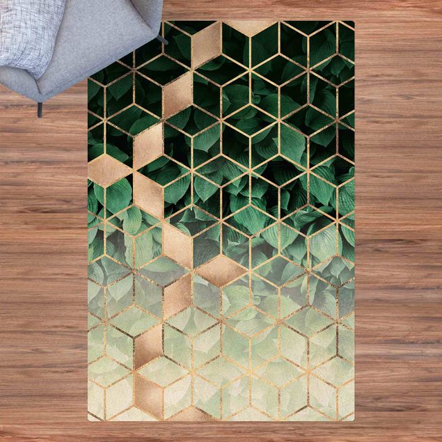 tappeto design moderno Foglie verdi Geometria dorata