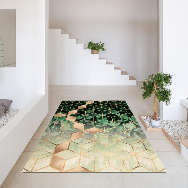 tappeto verde per esterno Foglie verdi Geometria dorata