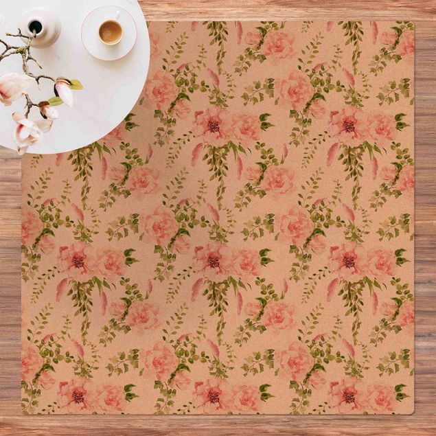 tappeto design moderno Foglie verdi con fiori rosa in acquerello
