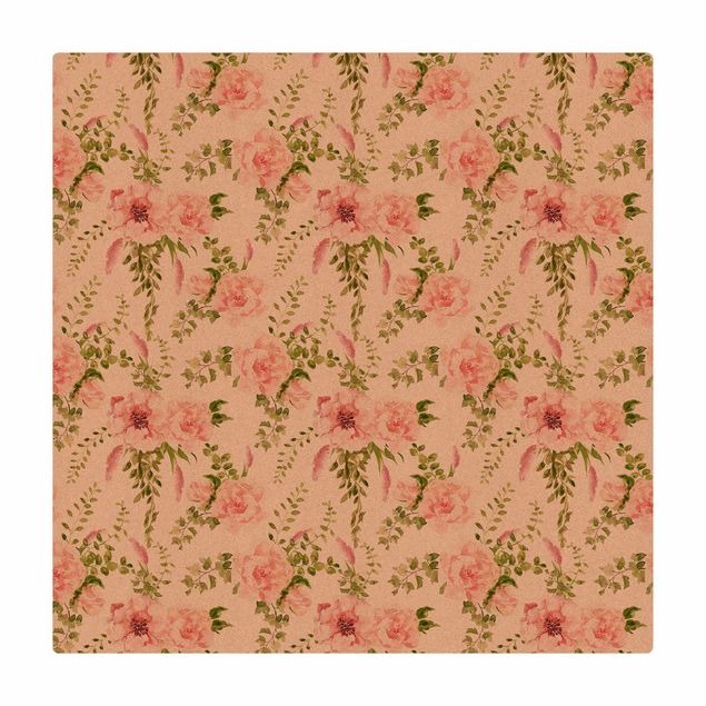 Tappetino di sughero - Foglie verdi con fiori rosa in acquerello - Quadrato 1:1