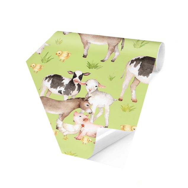 Carte da parati verdi Prato verde con mucche e galline