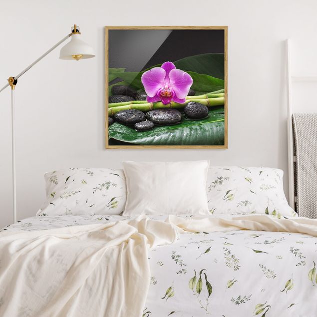 Quadri con cornice con fiori Bambù verde con fiore di orchidea