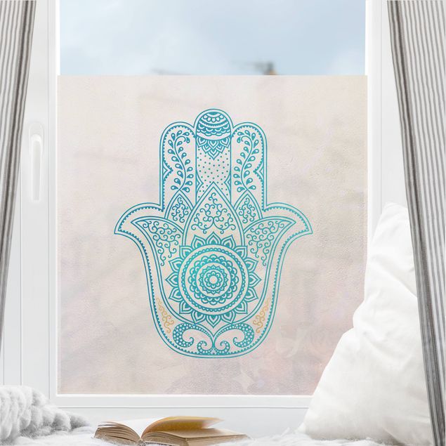 Adesivi per finestre con disegni Illustrazione della Mano di Fatima oro e blu