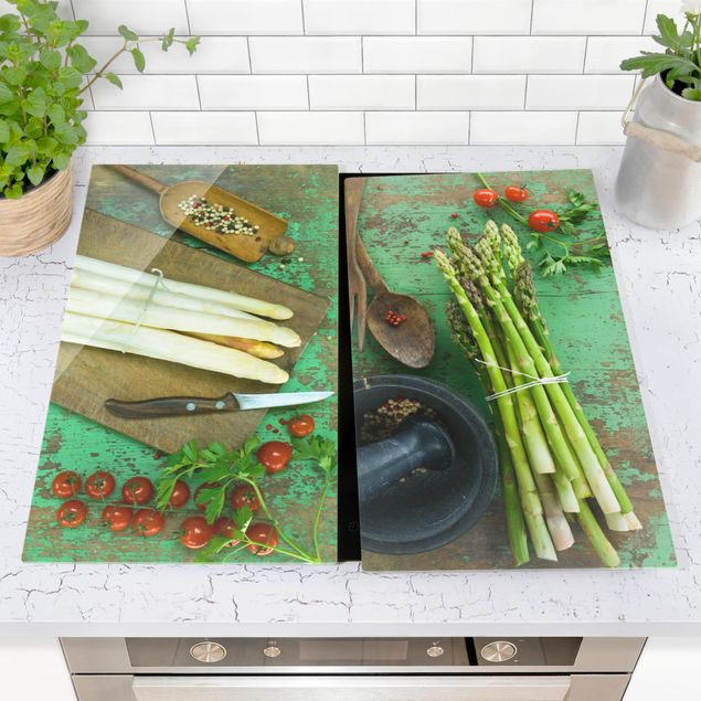 Coprifornelli con frutta e verdura Composizioni di asparagi