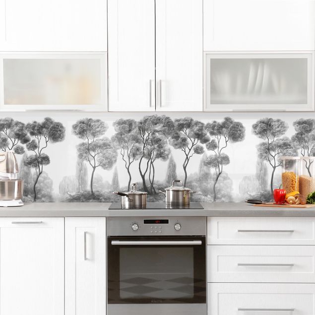 Rivestimenti per cucina con paesaggio Alberi alti in bianco e nero