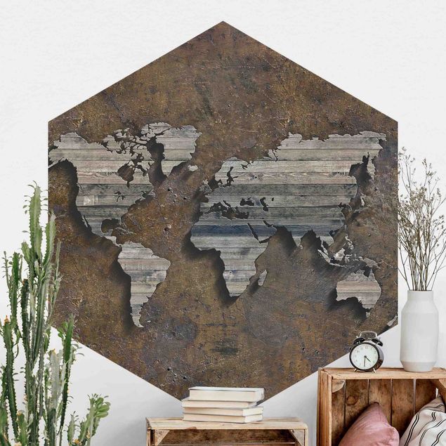 Carta da parati adesiva Mappa del mondo con griglia di legno