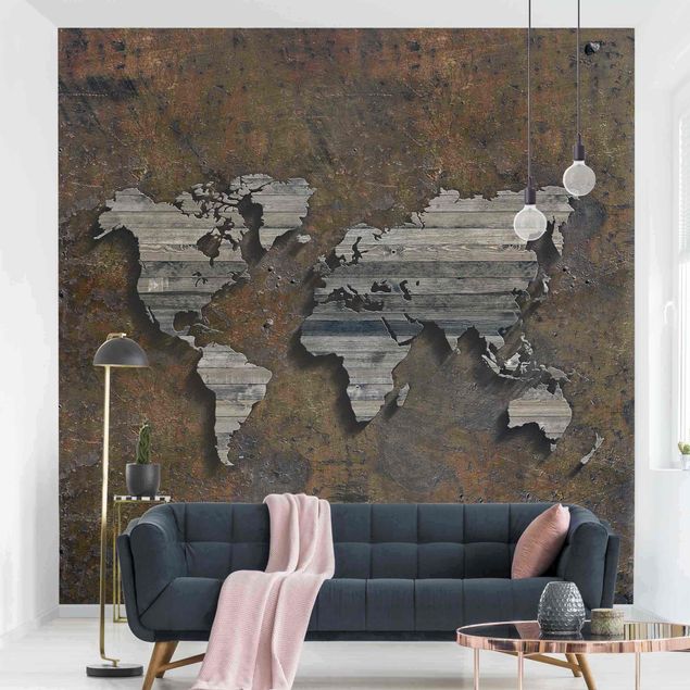 Carta parati adesiva Mappa del mondo con griglia di legno