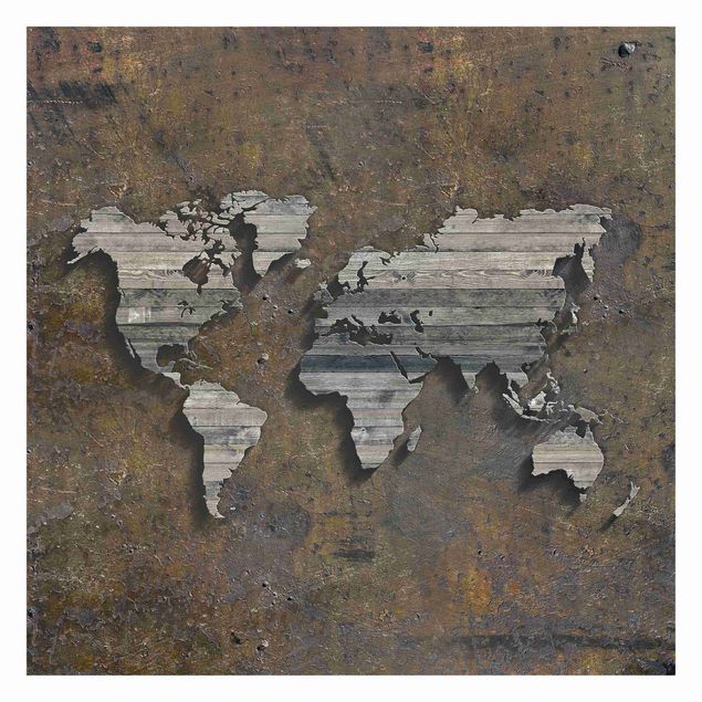 Carte da parati marroni Mappa del mondo con griglia di legno