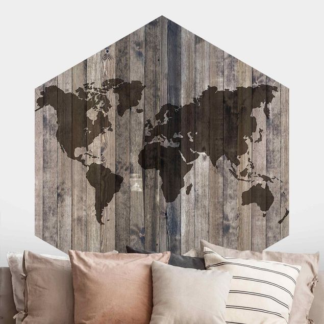 Carta da parati adesiva Mappa del mondo in legno