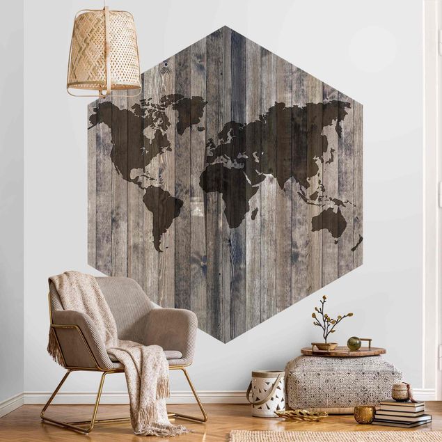 Carte da parati effetto legno Mappa del mondo in legno