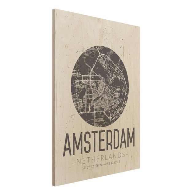 Quadri in legno con architettura e skylines Mappa della città di Amsterdam - Retrò