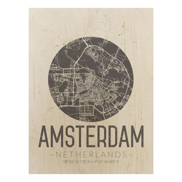 Quadri in legno con citazioni Mappa della città di Amsterdam - Retrò